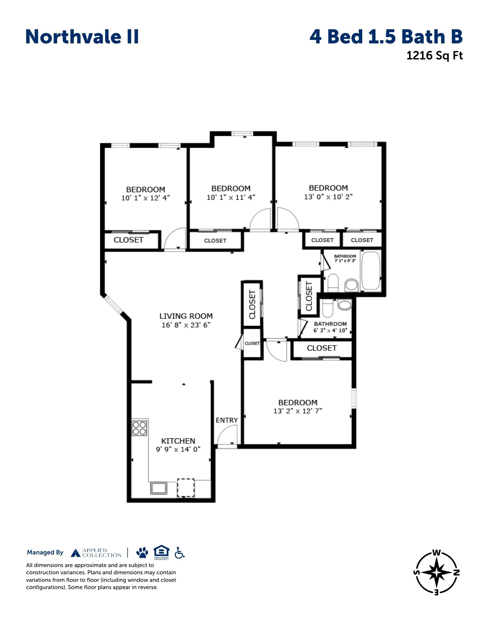 Floor plan for 4 beds, 1.5 baths, 1216 sqft